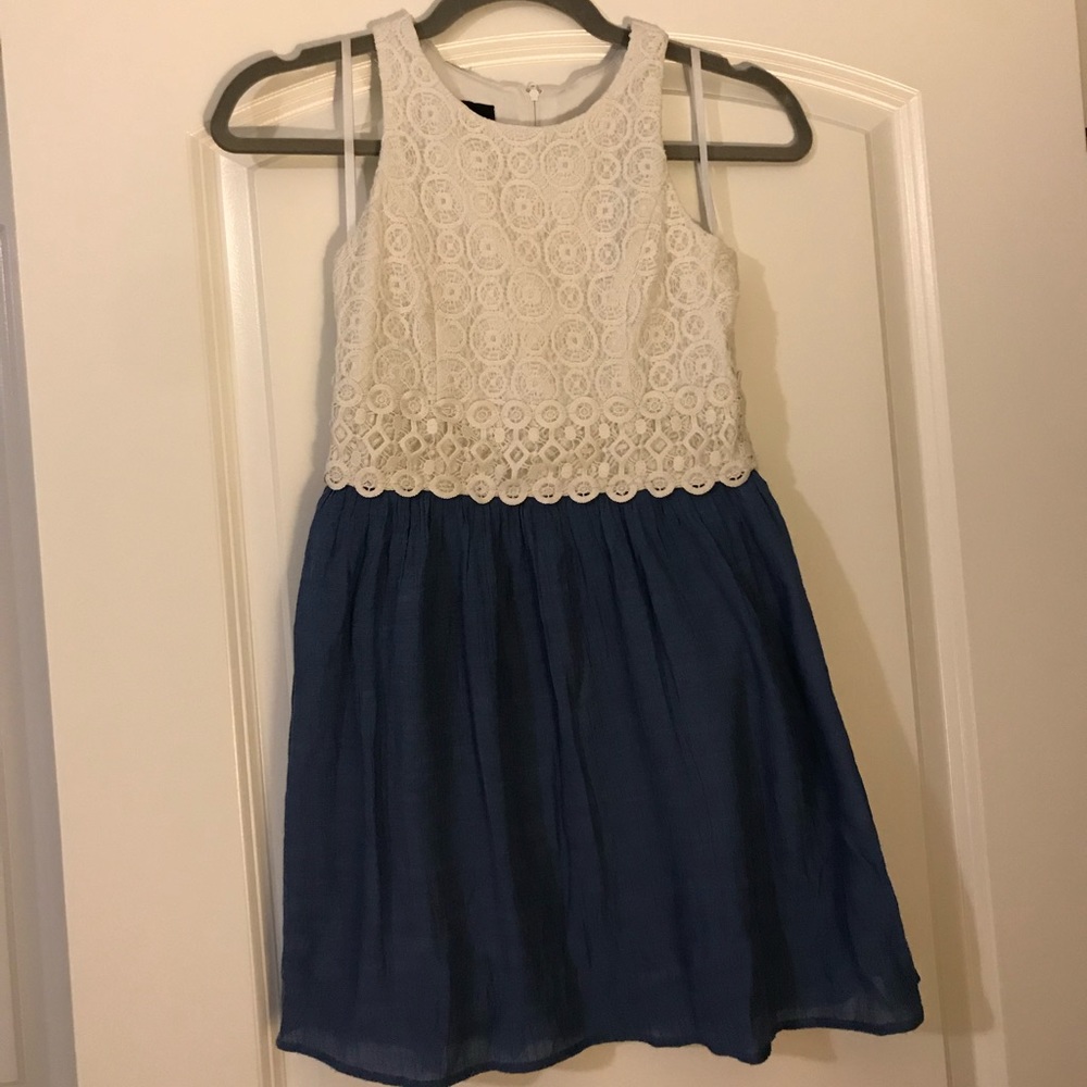 Ivory lace mini dress with denim blue gauze skirt